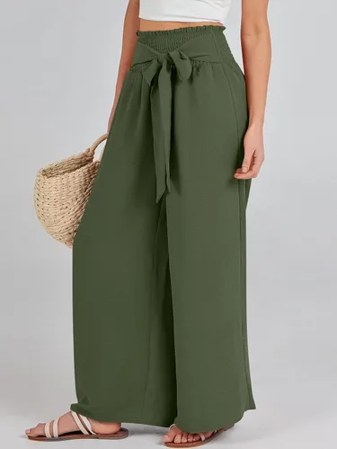 Vista 3 de Caracilia Pantalones de descanso de pierna ancha para mujer con bolsillos, cintura alta, pantalones palazzo largos y fluidos, ajustables, con nudo