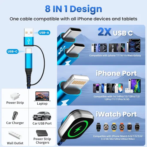 Vista 3 de Cable de Carga Múltiple para Cargador de Apple Watch, 4 en 1 Cable Cargador de Teléfono USB A/C con Doble Tipo-C/IP, Cable Magnético iWatch de Nylon