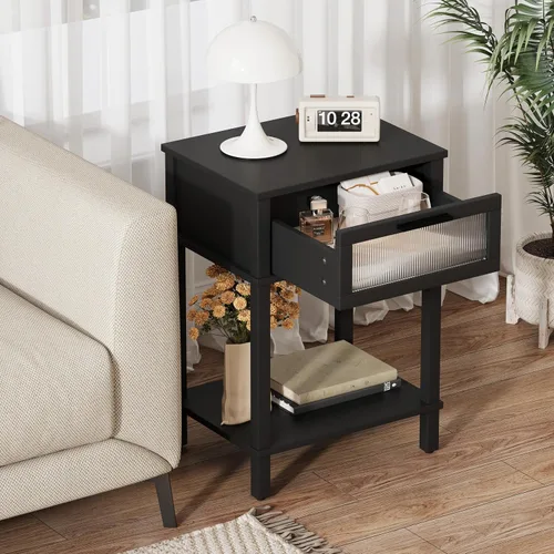 Vista 6 de Mesita de noche de madera con cajón, mesita de noche negra, estilo moderno, mesa auxiliar pequeña con estante de almacenamiento para dormitorio