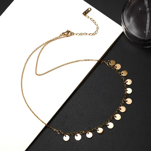 Vista 4 de Collar de cadena en capas para mujer, chapado en oro de 18 quilates, colgante de corazón de acero inoxidable, monedas, discos, gargantilla de mal