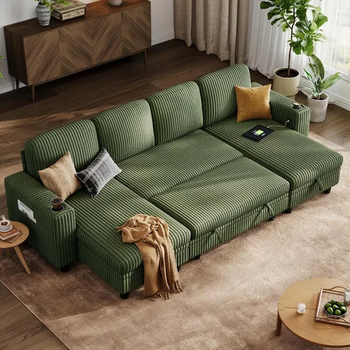 Vista 43 de LINSY HOME Sofá cama seccional con sofá cama extraíble para sala de estar (azul) Plush Corduroy