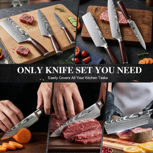 Vista 6 de Dfito Juego de cuchillos de cocina, 3 piezas de acero inoxidable de alto carbono con mango de madera de Pakkawood roja, juegos de cuchillos de chef