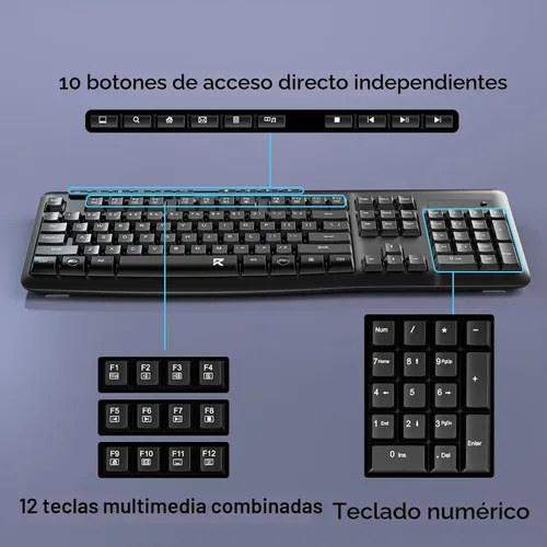 Vista 3 de Redragon - Teclado inalámbrico, teclado ergonómico inalámbrico de tamaño completo de 2.4G con 10 teclas multimedia individuales, resistente a