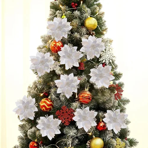 Vista 5 de Zhuqing - 15 decoraciones de flores de Pascua artificiales para Navidad, adornos de flores de Pascua para árbol de Navidad con purpurina, flores