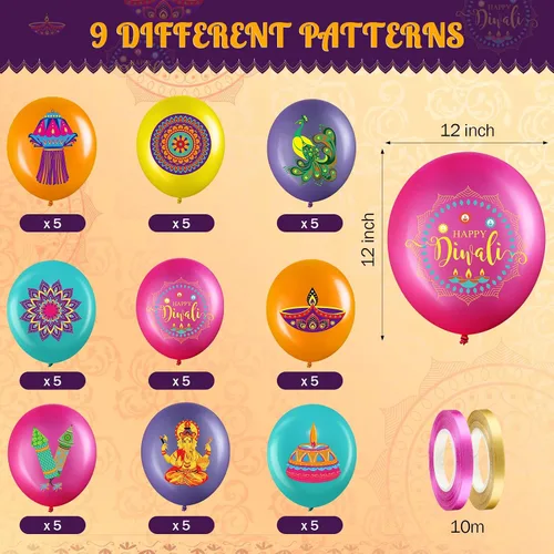 Vista 2 de Zomiboo 45 piezas de decoraciones de fiesta Happy Diwali Rangoli, globos de látex, festival colgante para pared de techo del hogar, suministros