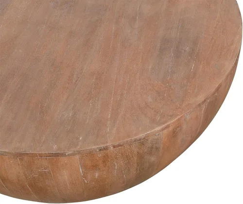 Vista 2 de Mesa de centro de madera con forma de tambor con base de diseño de tablones, marrón envejecido, moderno, contemporáneo, redondo, acabado natural