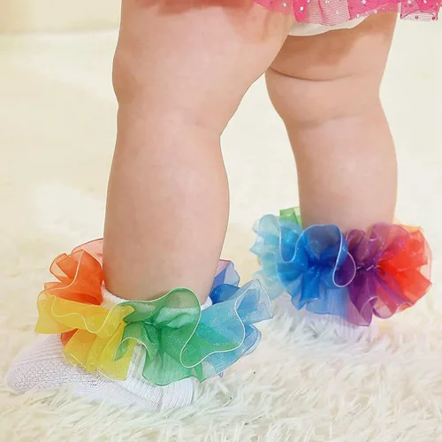 Vista 3 de Toddler Girls Socks with Rainbow Lace Ruffle Trim Cotton Baby Socks Frilly Dress Socks for Little Girls