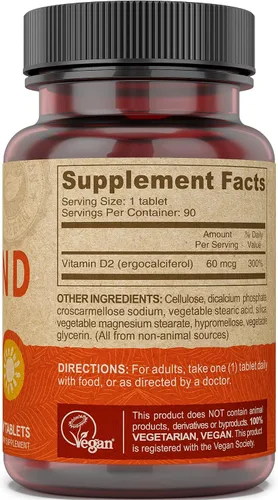 Vista 3 de DEVA Vitamina D2 vegana 60 mcg 2400 UI, suplemento de ergocalciferol sin ingredientes animales, 90 tabletas (paquete de 2)