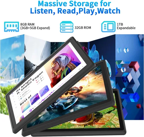 Vista 3 de Tablet de 7 pulgadas con funda, tabletas Android 15 de cinco núcleos, 8GB RAM 32GB ROM expansión de 512GB, pantalla IPS HD de 1024 x 600, 3500mAh