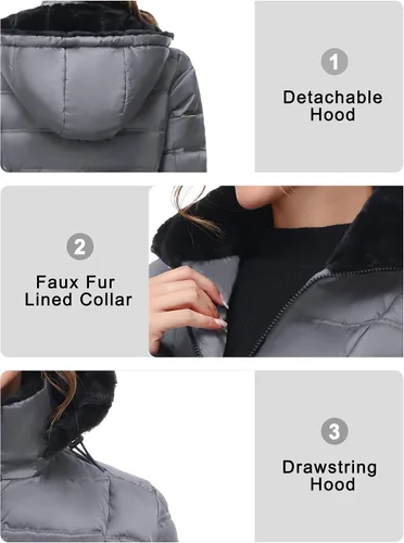 Vista 5 de Chaqueta acolchada de invierno para mujer, abrigo con capucha y cuello con forro de piel sintética