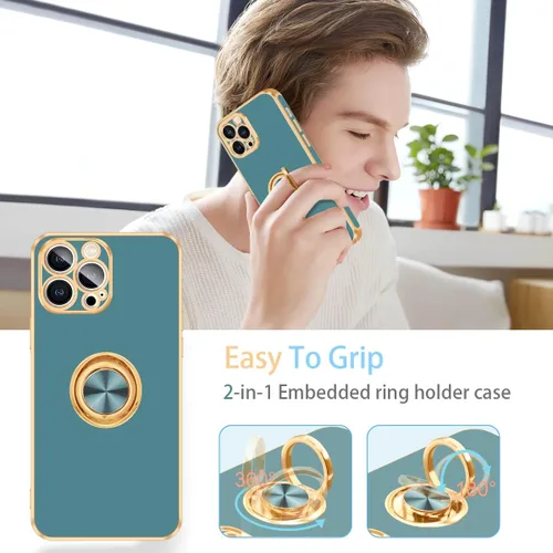 Vista 5 de Fingic Funda para iPhone 12 Pro Max [con soporte de anillo de 360°] [soporte magnético para tarjeta] [soporte de anillo giratorio] [borde dorado]