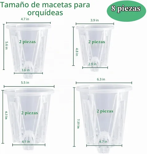 Vista 2 de Paquete de 8 macetas de orquídeas, 2 de cada una de 3.9, 4.7, 5.5 y 6.3 pulgadas, macetas transparentes para orquídeas con agujeros