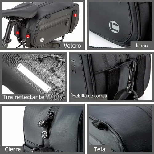 Vista 6 de HuiJuKeJi Bolsa de carga trasera para bicicleta, 3 en 1, multifunción, bolsa de almacenamiento de 26 litros, bolsa de sillín con tiras reflectantes
