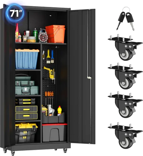 Vista 10 de Metal Garage Cabinet with 4 Wheels,4 Door Black Metal Storage with Lock,71" H Tool Storage Cabinets with Adjustable Shelves for Utility Negro