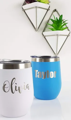 Vista 6 de Vaso de vino grabado personalizado con tapa, copa de vino personalizada de acero inoxidable sin tallo