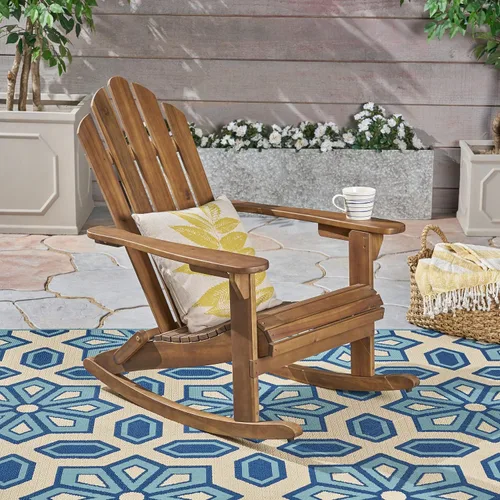 Vista 2 de Christopher Knight Home Cara Adirondack - Silla mecedora de madera de acacia para exteriores, acabado marrón oscuro, mesa auxiliar plegable