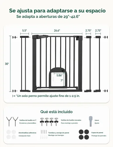 Vista 5 de Babelio Puerta para bebé con puerta ajustable para gatos, CatPrivilege III, 29-43 pulgadas Auto-Close, Pressure Mounted with No Drilling, Dual