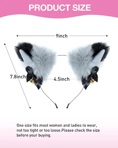 Vista 7 de CEDAR BRIGHT Fox Cat Ears Anime Cosplay - Diadema de lobo de animales, diadema de Halloween, accesorios de disfraz con campanas (gris)