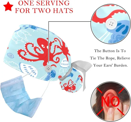 Vista 3 de Paquete de 2 gorras de trabajo con botones, banda para el sudor, gorras quirúrgicas ajustables para mujeres y hombres, pulpo de ballena oceánica