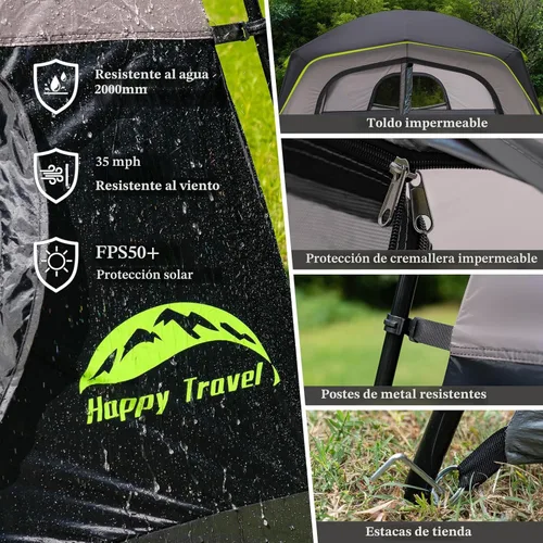 Vista 6 de Happy Travel Tent 6 Person Tents for Camping, Waterproof Easy Setup Camping Tent with Rainfly, Portable Large Family Cabin Tent with 5 Large Mesh