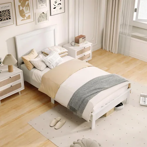 Vista 13 de KOMFOTT Armazón de Cama de Plataforma de Madera Tamaño Twin con Cabecero, Cama de Plataforma de Madera de Mediados del Siglo con Soporte de Listones