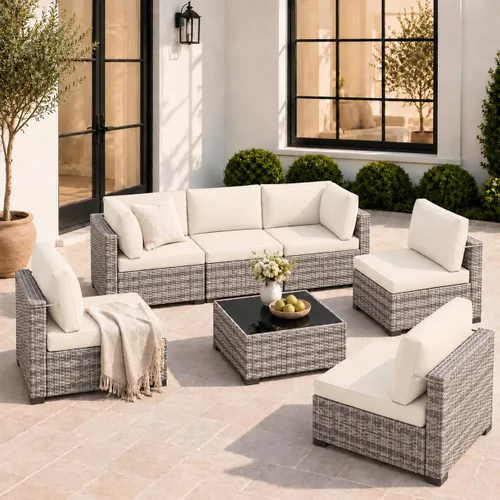 Vista 18 de Juego de 7 muebles de patio al aire libre, sofá seccional al aire libre, muebles de mimbre para patio, juego de conversación de patio con mesa