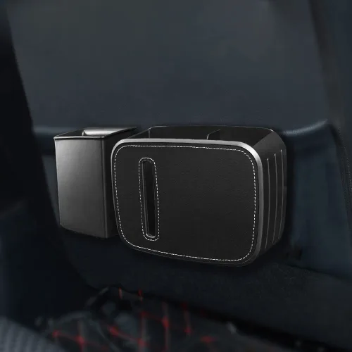 Vista 5 de JSCARLIFE Organizador de asiento delantero para automóvil con basura, cubo de basura desmontable para automóvil con caja de pañuelos y caja
