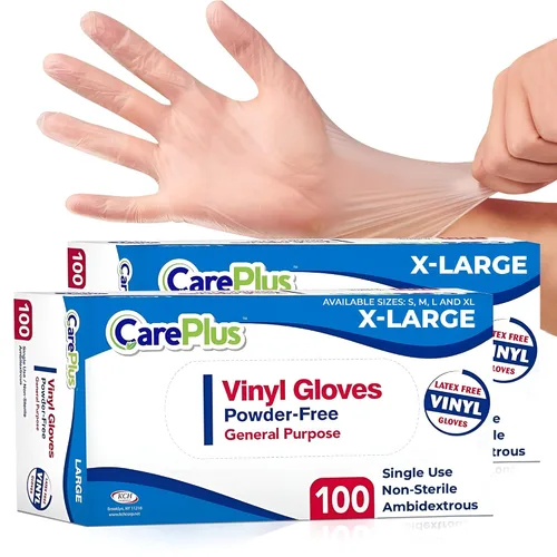 Vista 11 de CARE PLUS Pro - Guantes de vinilo transparentes de tamaño pequeño, 100 unidades Sin látex, sin polvo, resistentes, no estériles, Guantes