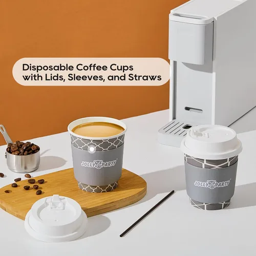 Vista 6 de JOLLY PARTY [100 Sets] Tazas de papel para café de 10 onzas, tazas de café desechables con tapas, fundas y popotes, tazas para bebidas