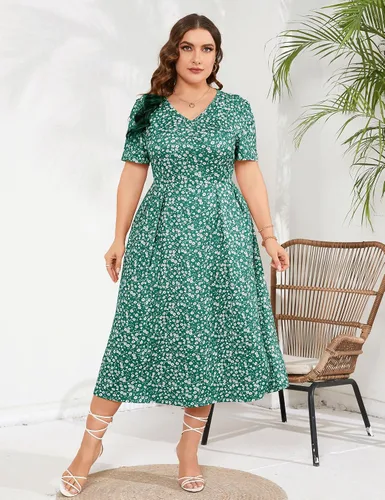 Vista 4 de Vestido largo de verano para mujer, casual, bohemio, floral, cintura imperio, talla grande, vestido fluido, vestidos de talla grande para mujeres