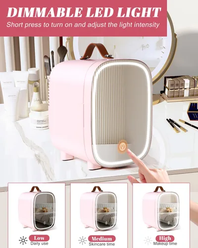 Vista 3 de Mini refrigerador para dormitorio, refrigerador de 4 litros/6 latas para el cuidado de la piel con espejo LED y asa de transporte de cuero