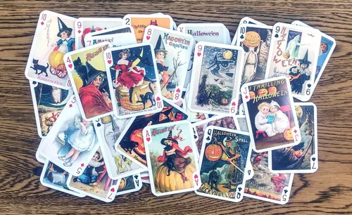 Vista 2 de Cartas de Halloween (baraja de póquer 55 cartas todas diferentes) Reimpresión de tarjetas de Halloween vintage