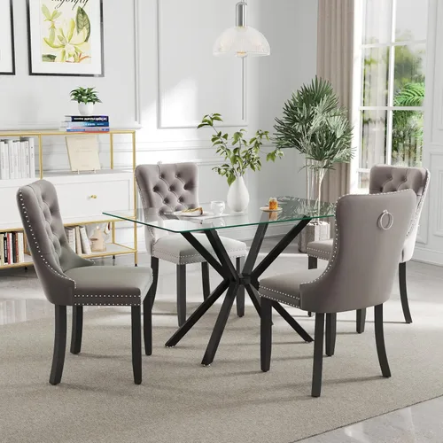 Vista 18 de Juego de comedor moderno de cristal de lujo de 5 piezas, juego de comedor rectangular minimalista para 4, juego de mesa de cocina de vidrio