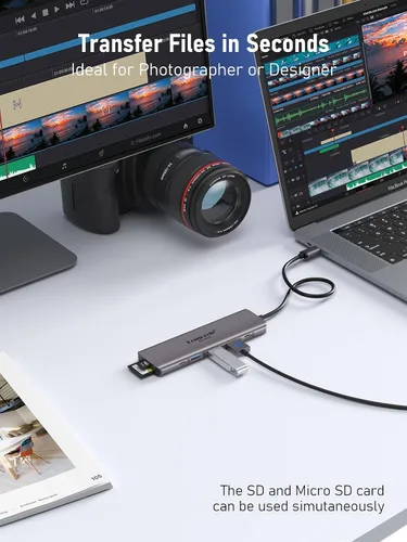 Vista 7 de Adaptador multipuerto USB C, estación de acoplamiento HDMI 7 en 1 4K 60Hz, 100 W PD, ranuras SD/TF 3.0, 2 puertos de datos USB 3.0 y USB C 3.0 de 5