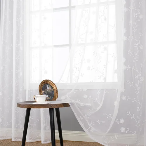 Vista 11 de YoungsTex Cortinas traslúcidas de lino con estampado de hojas de 63 pulgadas de largo para sala de estar, bolsillo para barra, cortinas de encaje