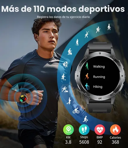 Vista 7 de LIGE Reloj inteligente militar para hombre, iPhone, Android, 1.43 pulgadas, HD, amoled, resistente, 110+ modos deportivos, IP68, impermeable Gris