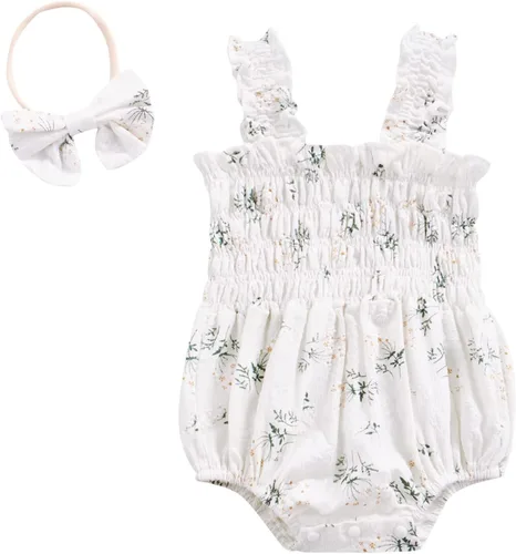 Vista 24 de Body sin mangas para bebé recién nacida con cuello halter y volantes, mameluco enterizo con diadema, conjunto de ropa de verano Albaricoque