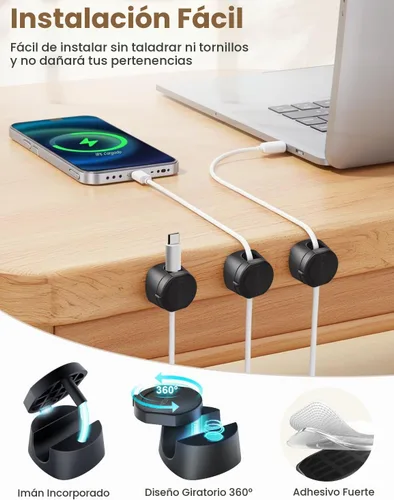 Vista 5 de Kanemc Clips de cable para escritorio, organizador magnético de alambre giratorio de 360°, gestión de cables autoadhesivos para escritorios