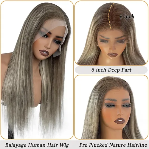 Vista 3 de Pelucas de cabello humano lacio con encaje frontal, color castaño cenizo degradado a rubio 613 con raíces oscuras 13x6 HD, peluca frontal de encaje
