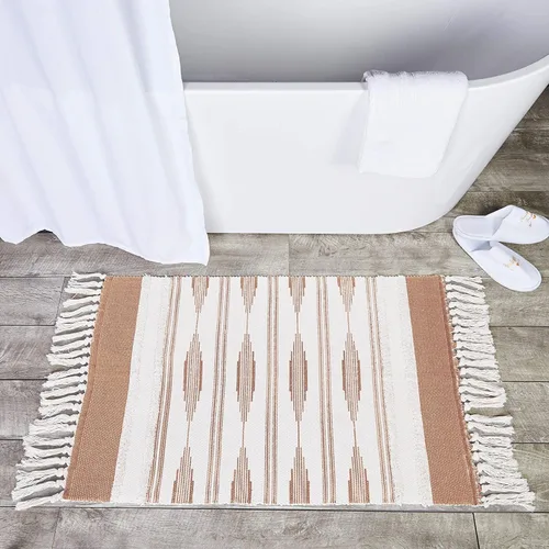 Vista 5 de Okuna Outpost Alfombras de baño – Alfombra de baño bohemia con borlas y pelo bajo – Alfombra de baño y ducha de algodón lavable – Decoración bohemia