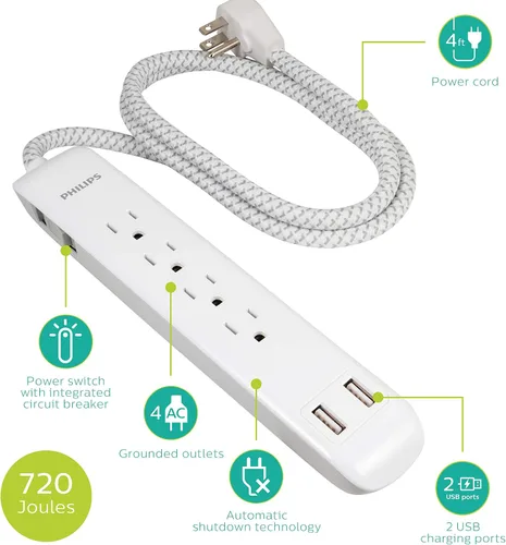 Vista 2 de Philips Regleta protectora de sobretensiones de 4 salidas con 2 puertos USB, cable de alimentación de 4 pies, cable de extensión trenzado de diseño
