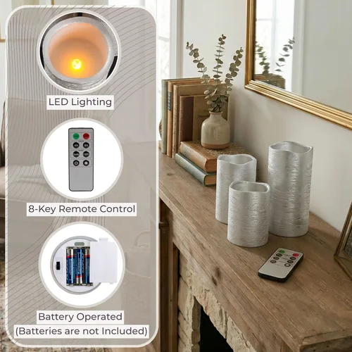 Vista 3 de Lavish Home Juego de 3 velas LED sin llama con control remoto, velas de pilar de cera real con temporizador y acabado metálico envejecido (plateado)