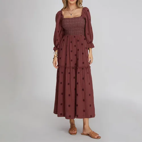 Vista 2 de Vestido largo bordado floral para mujer, manga larga abombada, cuello cuadrado, fruncido y escalonado, vestido largo bohemio fluido