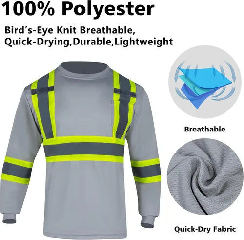 Vista 4 de VENDACE Camiseta de trabajo de seguridad de alta visibilidad para hombre, ANSI Clase 1, camisa reflectante de manga larga con bolsillo (gris, S)