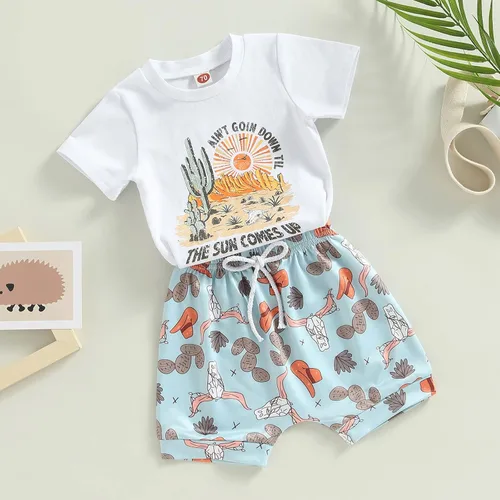 Vista 3 de Kupretty Ropa para bebé niño pequeño, traje de verano de manga corta, camiseta, pantalones deportivos, pantalones cortos casuales, conjunto de 2