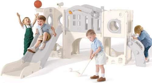 Vista 11 de KORIMEFA Juego de toboganes 8 en 1 para niños pequeños de 1 a 3 años, juego de escalador con aro de baloncesto y pelota, patio de juegos para niños
