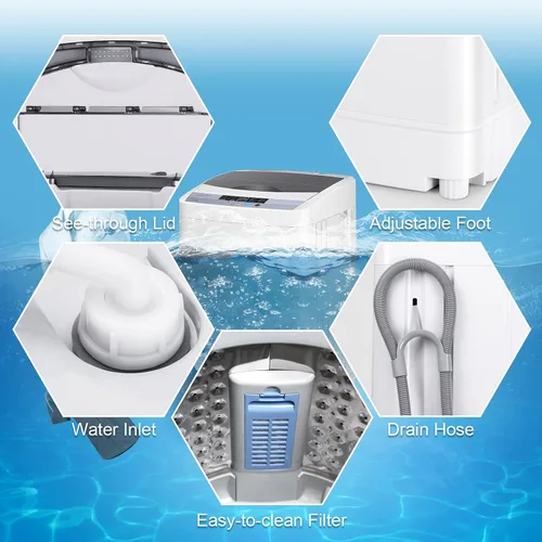 Vista 9 de COSTWAY Lavadora portátil, capacidad de 12 libras, lavadora completamente automática con 10 programas de lavado, pantalla LED, 8 niveles de agua