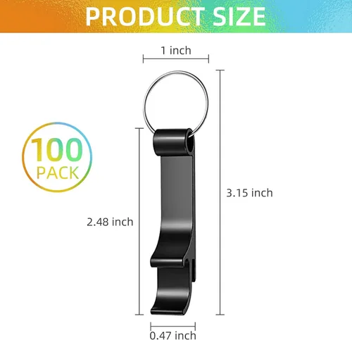 Vista 2 de Paquete de 100 llaveros de metal negro para abrebotellas, pequeño abrebotellas para regalo de fiesta (negro, 100 unidades)