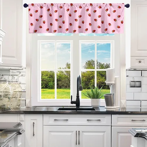 Vista 2 de Cortinas Kawaii con cenefa de fresa para sala de estar, dormitorio, niñas, lindo corazón, fresas, cortinas de cocina, cenefas color rosa, decoración