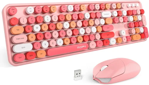 Vista 21 de MOFII Combo de teclado y mouse inalámbricos, teclado retro con teclas redondas de colores, conexión USB Plug Play de 2.4 GHz para PC, laptop